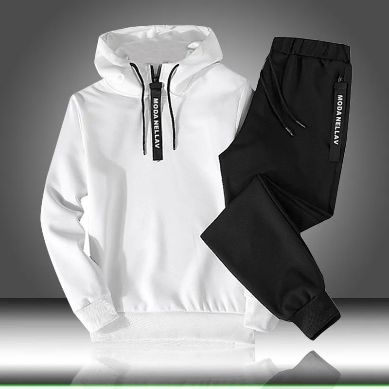 2pc Men's Tracksuit Set - Autumn Winter Hooded Sweatshirt with Drawstring - Sportswear Outfit