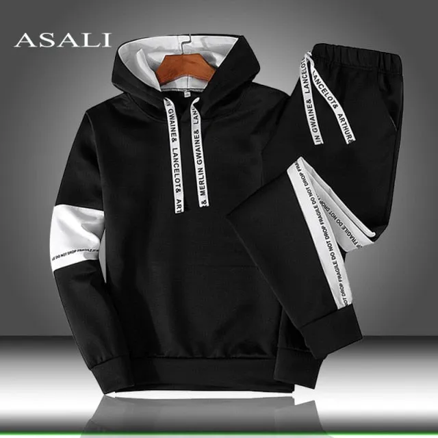 2pc Men's Tracksuit Set - Autumn Winter Hooded Sweatshirt with Drawstring - Sportswear Outfit