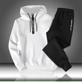 2pc Men's Tracksuit Set - Autumn Winter Hooded Sweatshirt with Drawstring - Sportswear Outfit