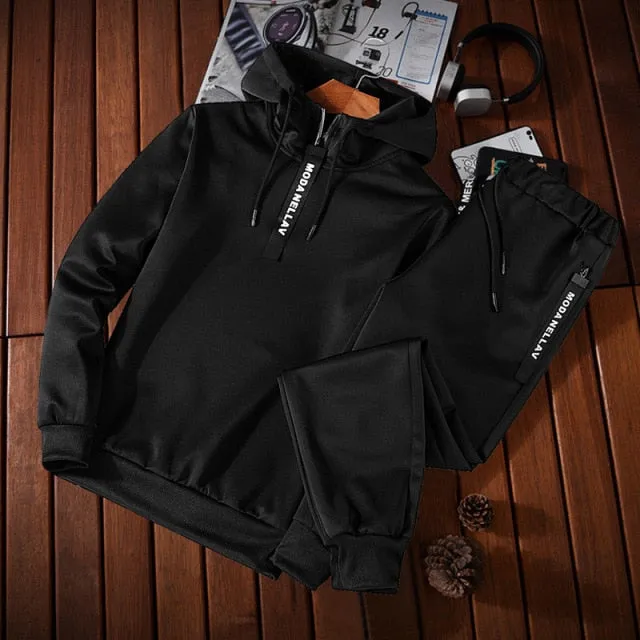 2pc Men's Tracksuit Set - Autumn Winter Hooded Sweatshirt with Drawstring - Sportswear Outfit