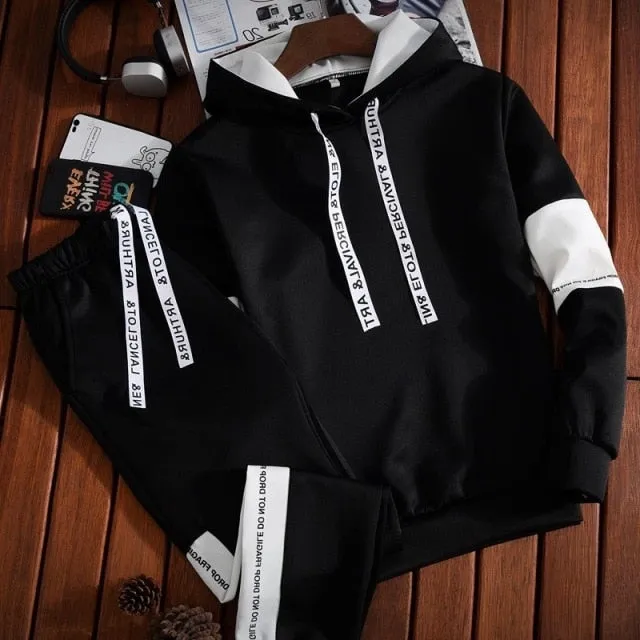 2pc Men's Tracksuit Set - Autumn Winter Hooded Sweatshirt with Drawstring - Sportswear Outfit