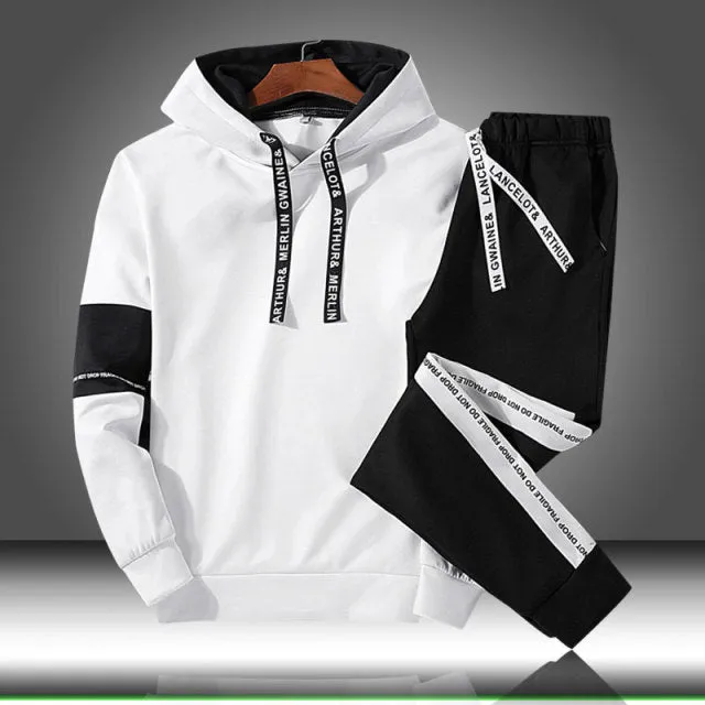 2pc Men's Tracksuit Set - Autumn Winter Hooded Sweatshirt with Drawstring - Sportswear Outfit