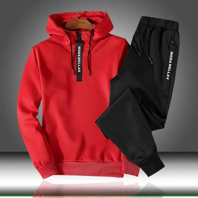 2pc Men's Tracksuit Set - Autumn Winter Hooded Sweatshirt with Drawstring - Sportswear Outfit