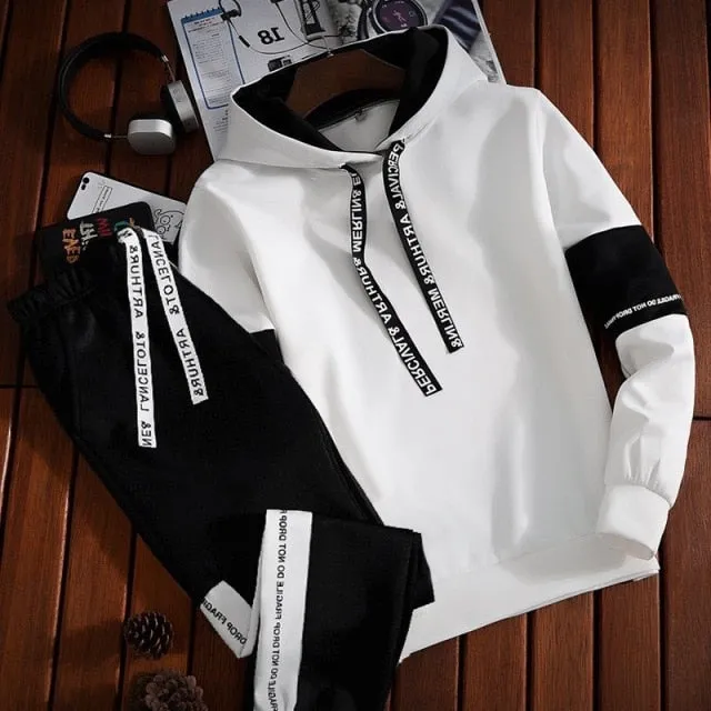 2pc Men's Tracksuit Set - Autumn Winter Hooded Sweatshirt with Drawstring - Sportswear Outfit