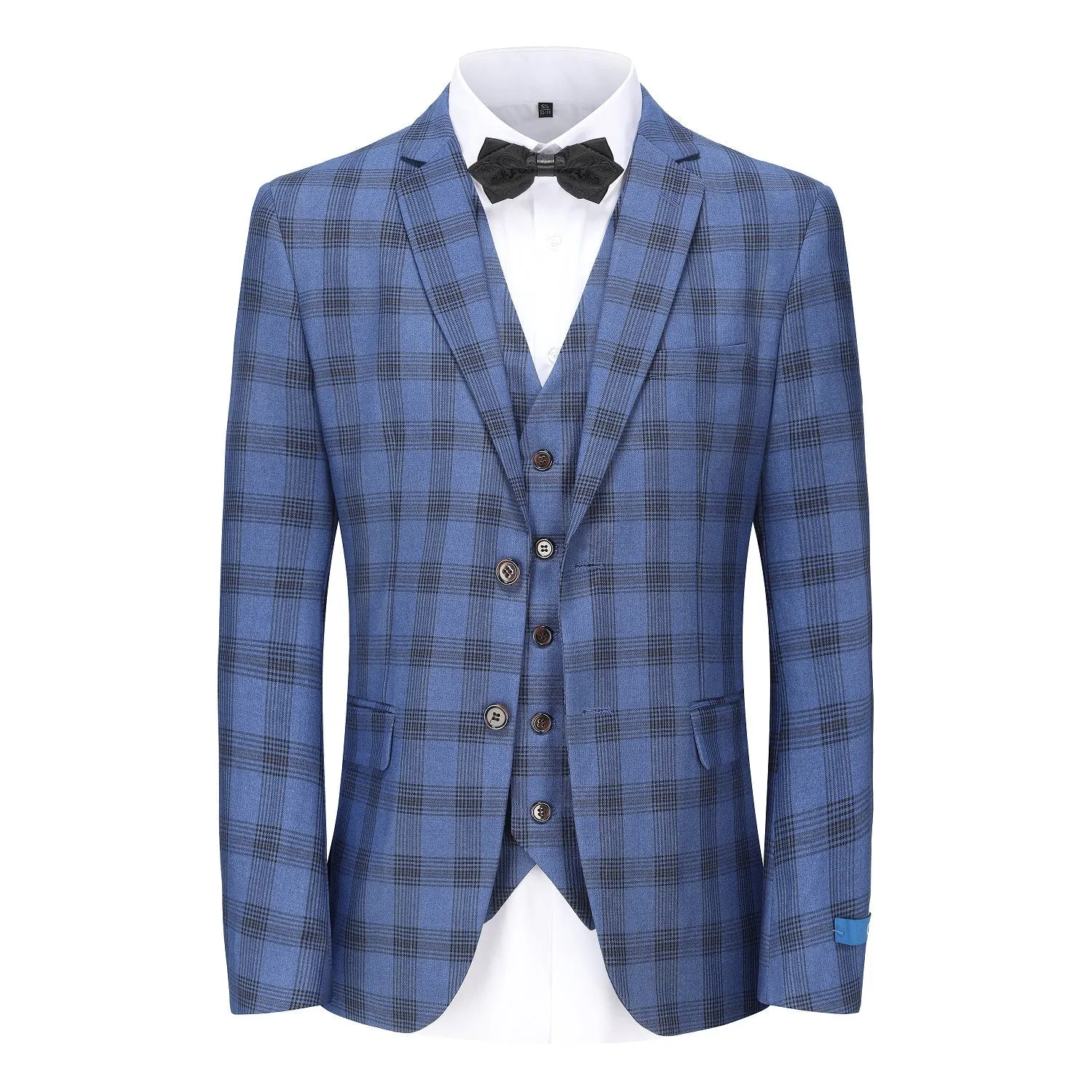 3-Piece Slim Fit Plaid Suit in Blue & Black - High Performance and Stretch