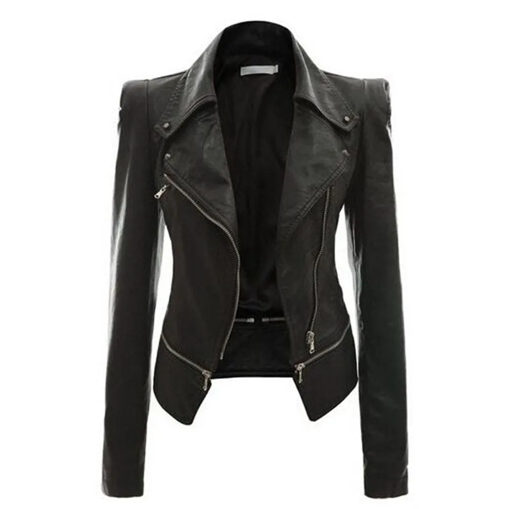 Black Gothic Synthetic Leather Jacket with Zippers for Women