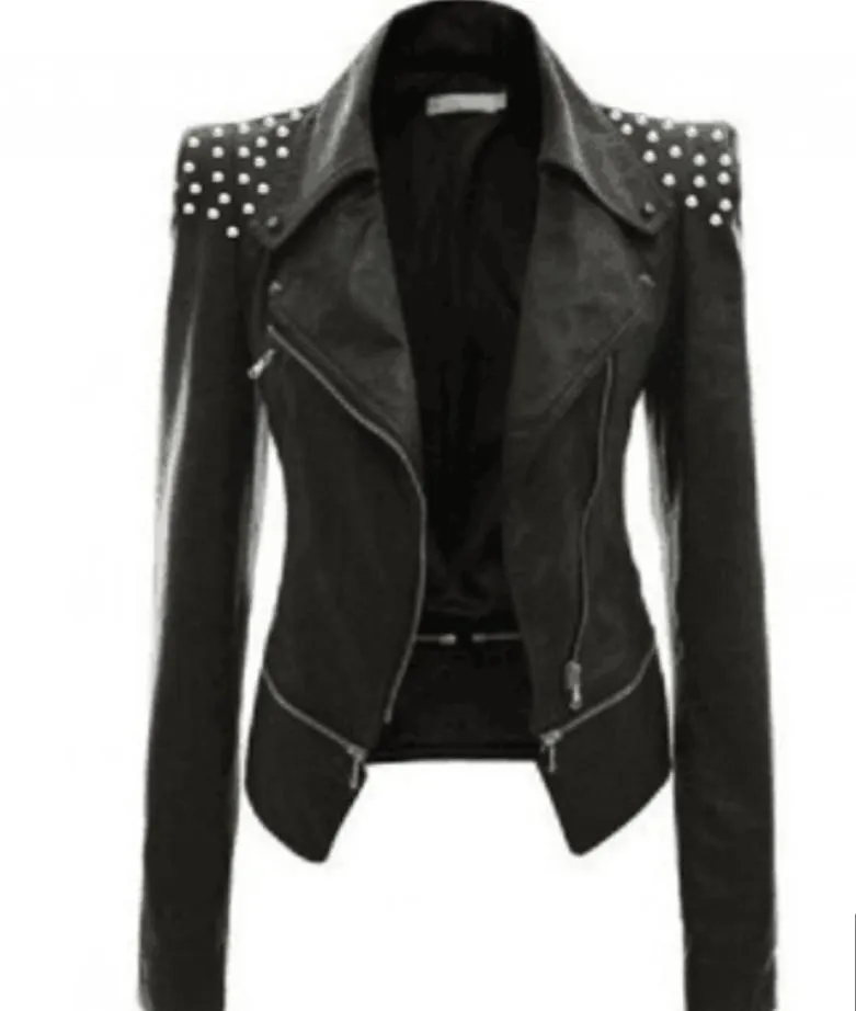 Black Gothic Synthetic Leather Jacket with Zippers for Women