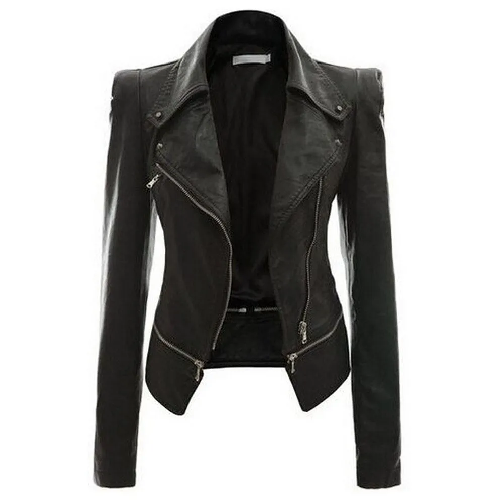 Black Gothic Synthetic Leather Jacket with Zippers for Women