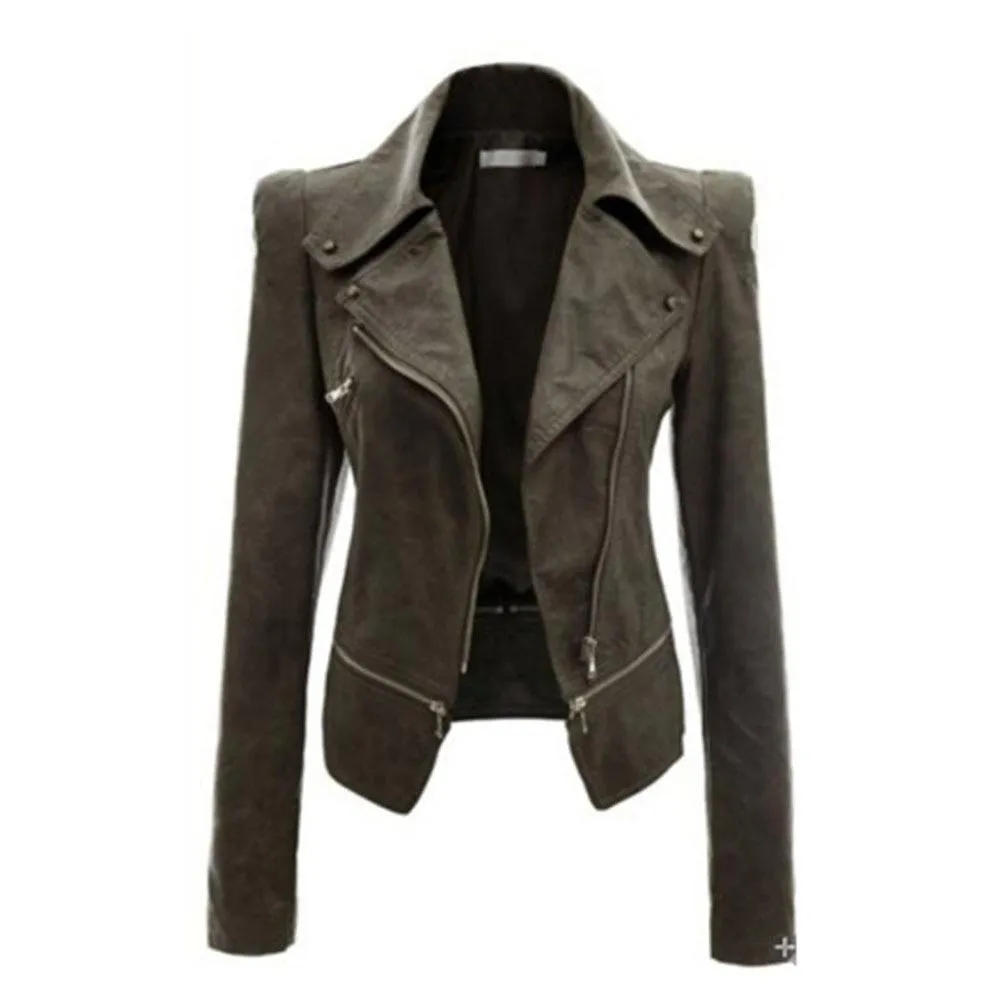 Black Gothic Synthetic Leather Jacket with Zippers for Women