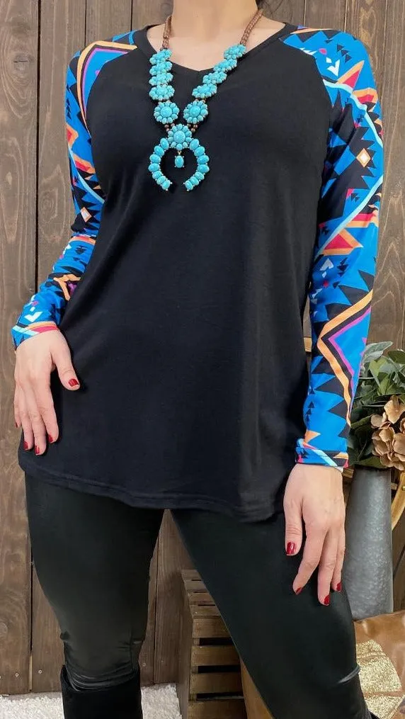 Black Top Blue Tribal long sleeves