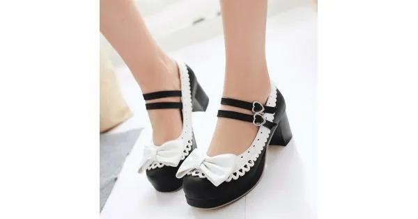 Black White Bow Lace Trim Double Straps Sweet Lolita Mary Jane Heels Shoes