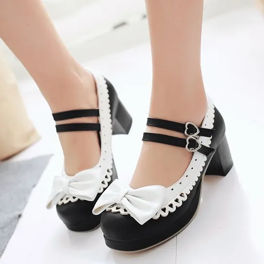 Black White Bow Lace Trim Double Straps Sweet Lolita Mary Jane Heels Shoes