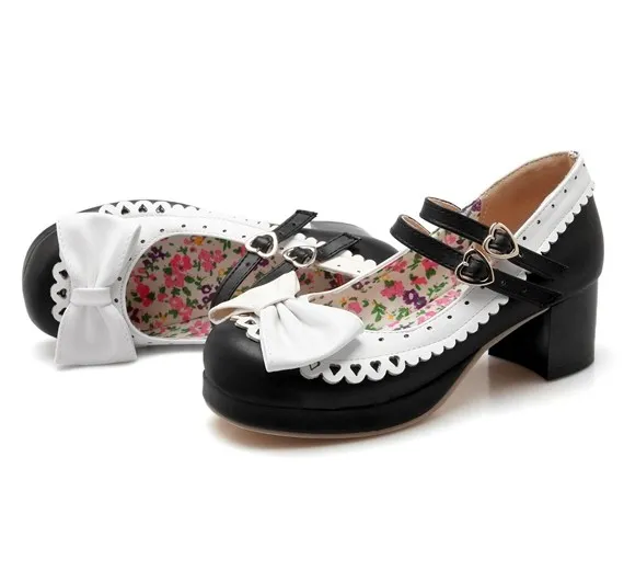 Black White Bow Lace Trim Double Straps Sweet Lolita Mary Jane Heels Shoes