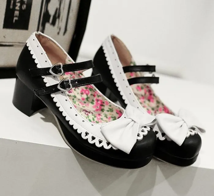 Black White Bow Lace Trim Double Straps Sweet Lolita Mary Jane Heels Shoes