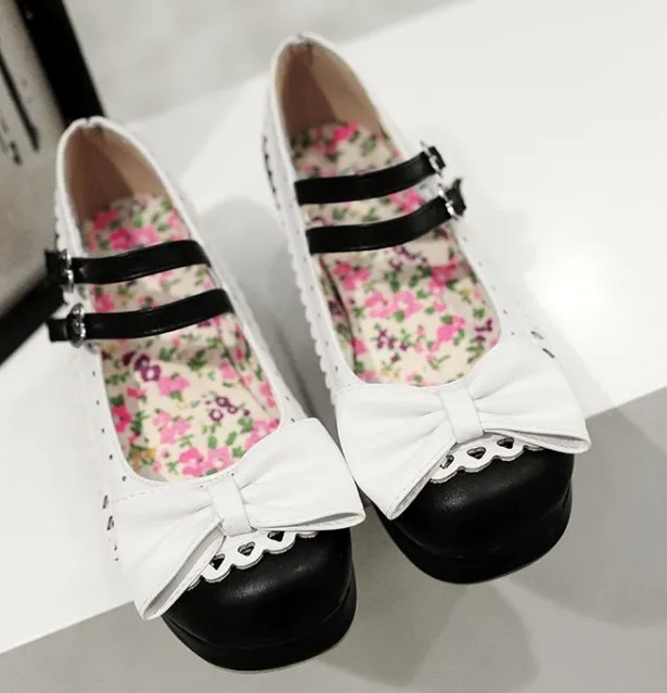 Black White Bow Lace Trim Double Straps Sweet Lolita Mary Jane Heels Shoes