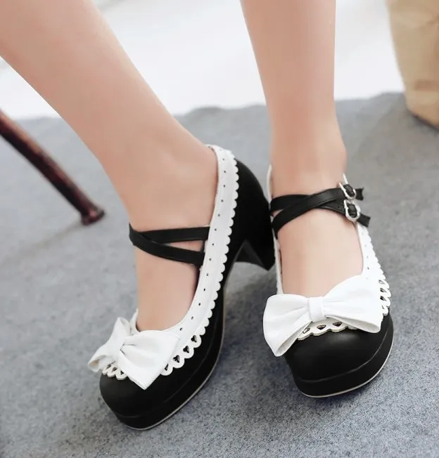 Black White Bow Lace Trim Double Straps Sweet Lolita Mary Jane Heels Shoes