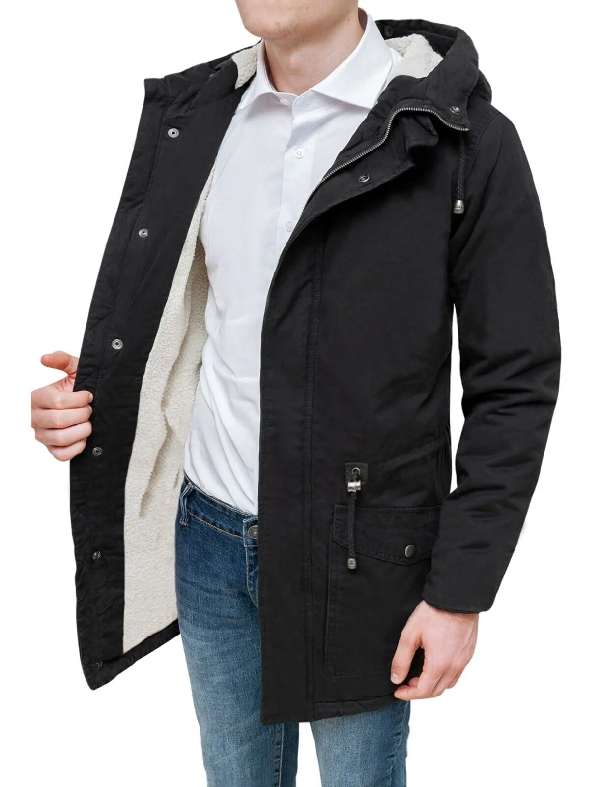 Black winter parka for men with inner fur lining - Military style