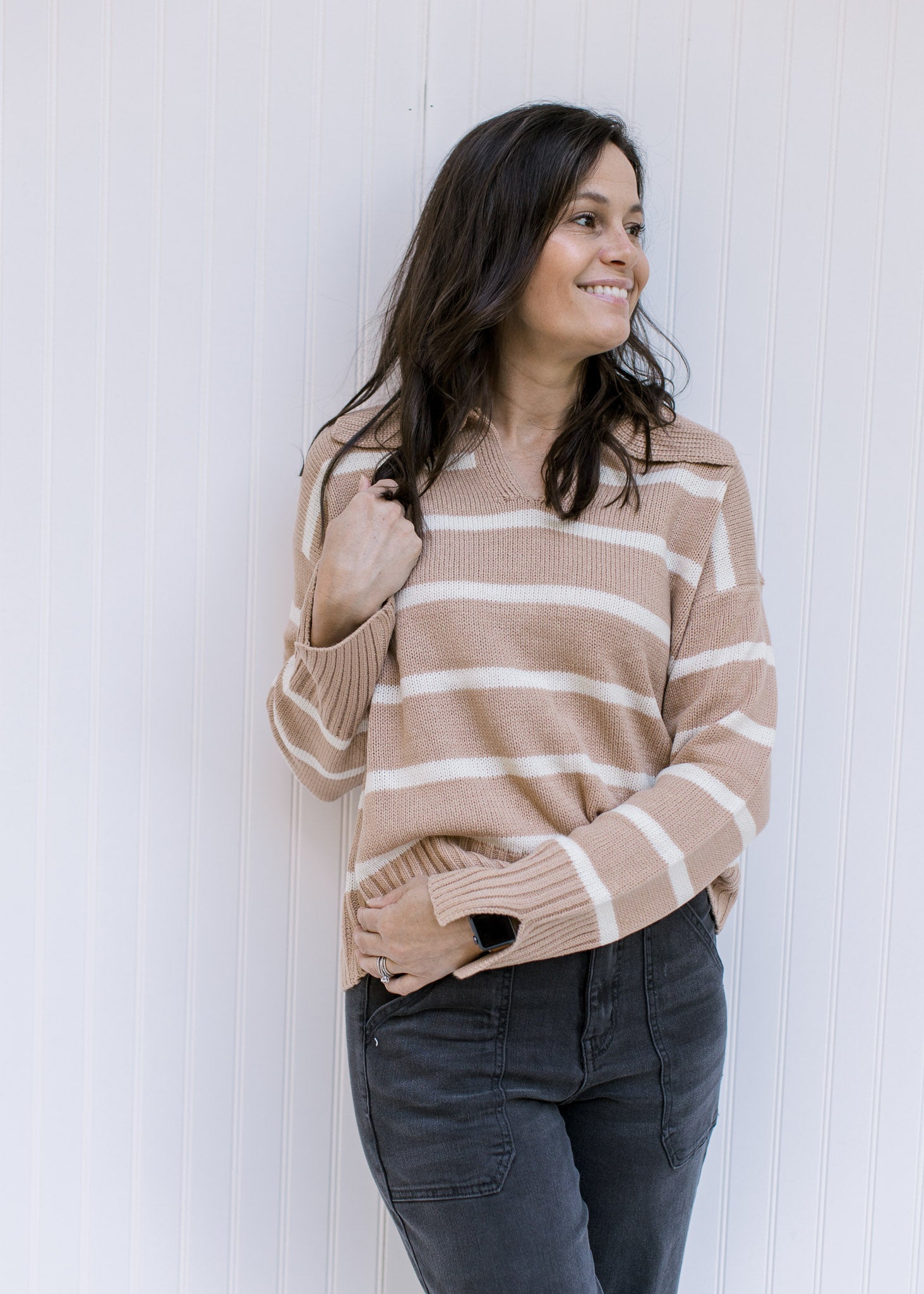 Camel Striped Collared Sweater - Shop Now!