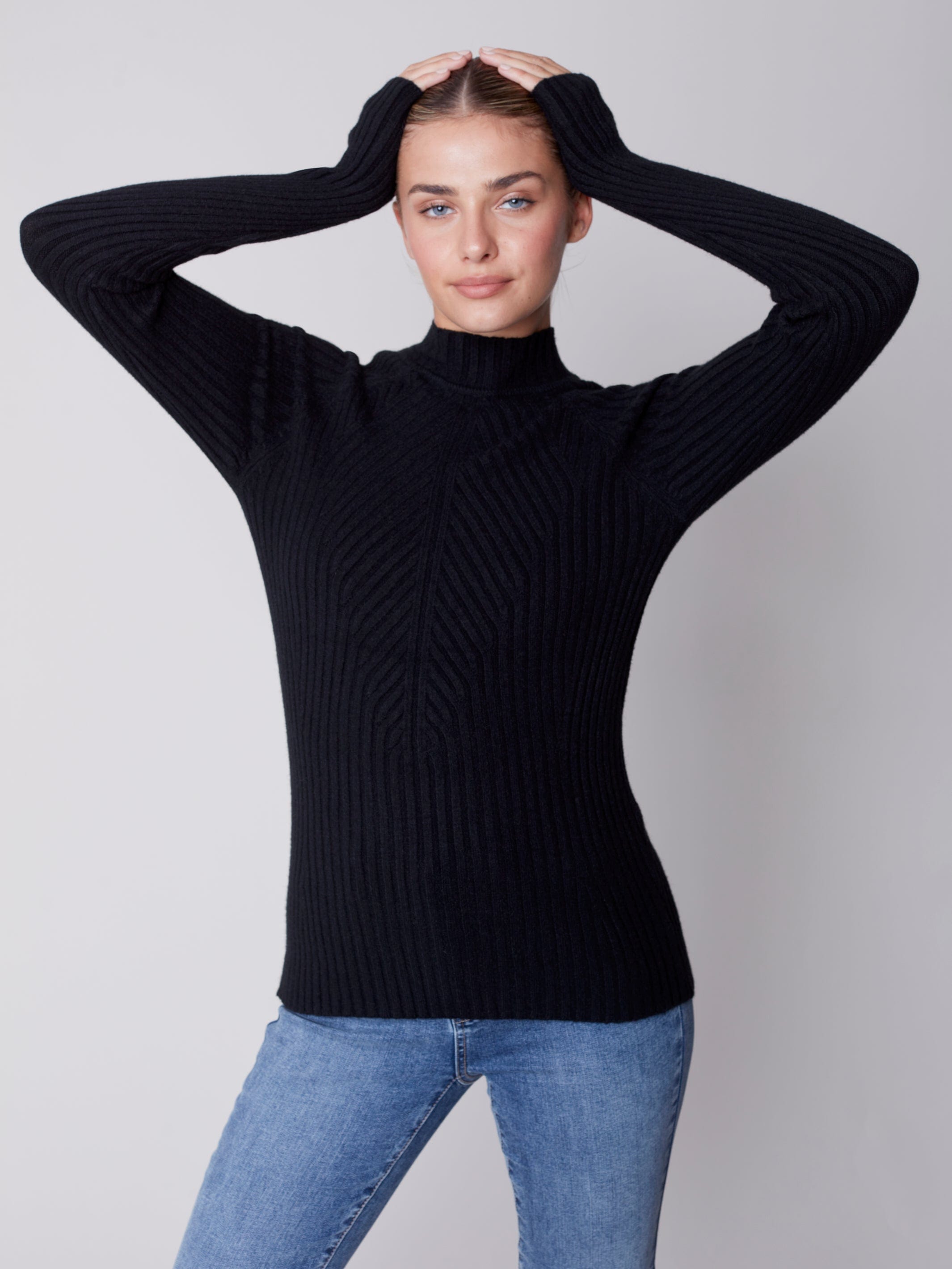 Charlie B Mock Neck Rib Black - C2553-736A