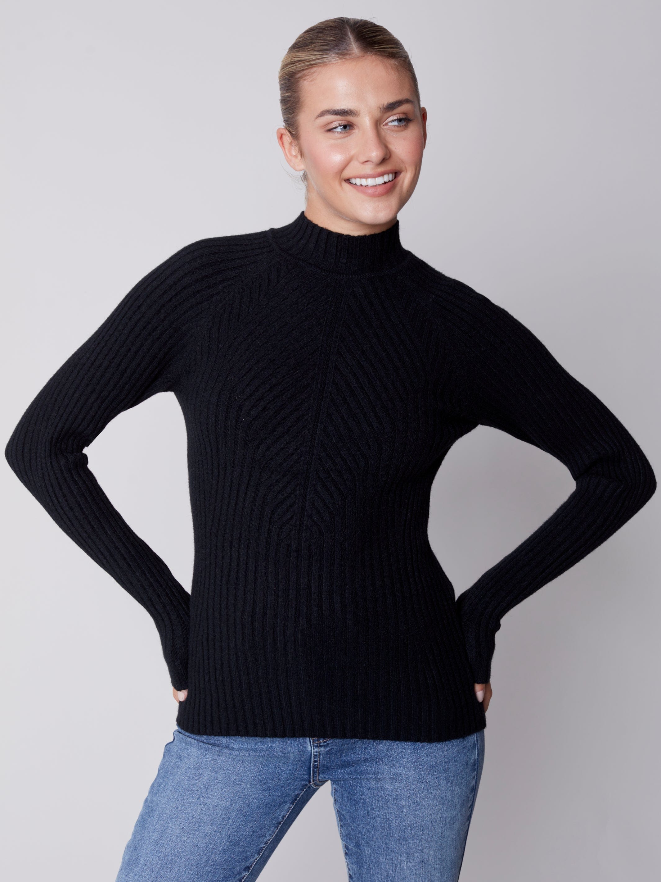 Charlie B Mock Neck Rib Black - C2553-736A