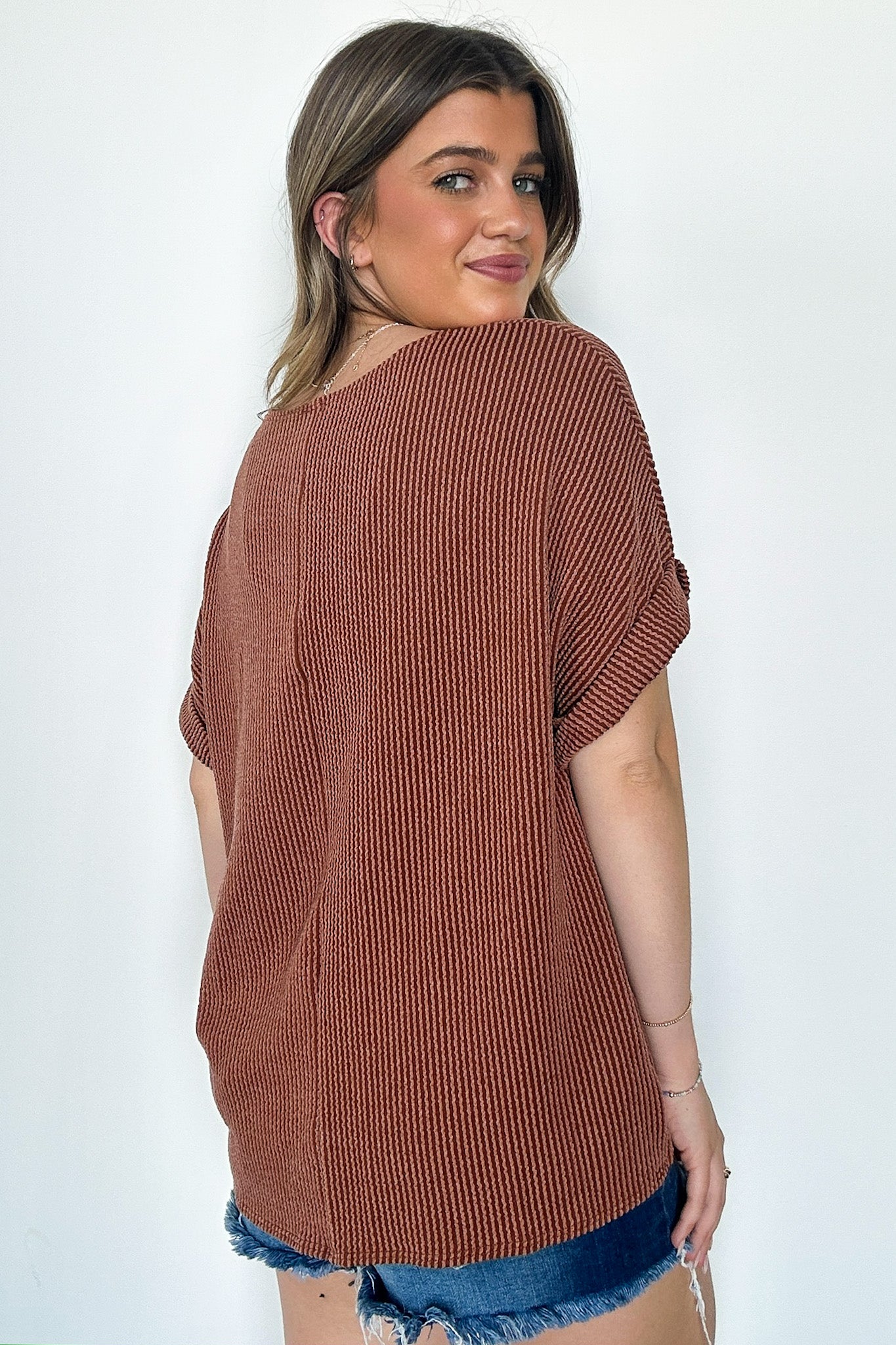 Chasing Sunsets Rib Knit Rolled Sleeve Top - Shop Now!