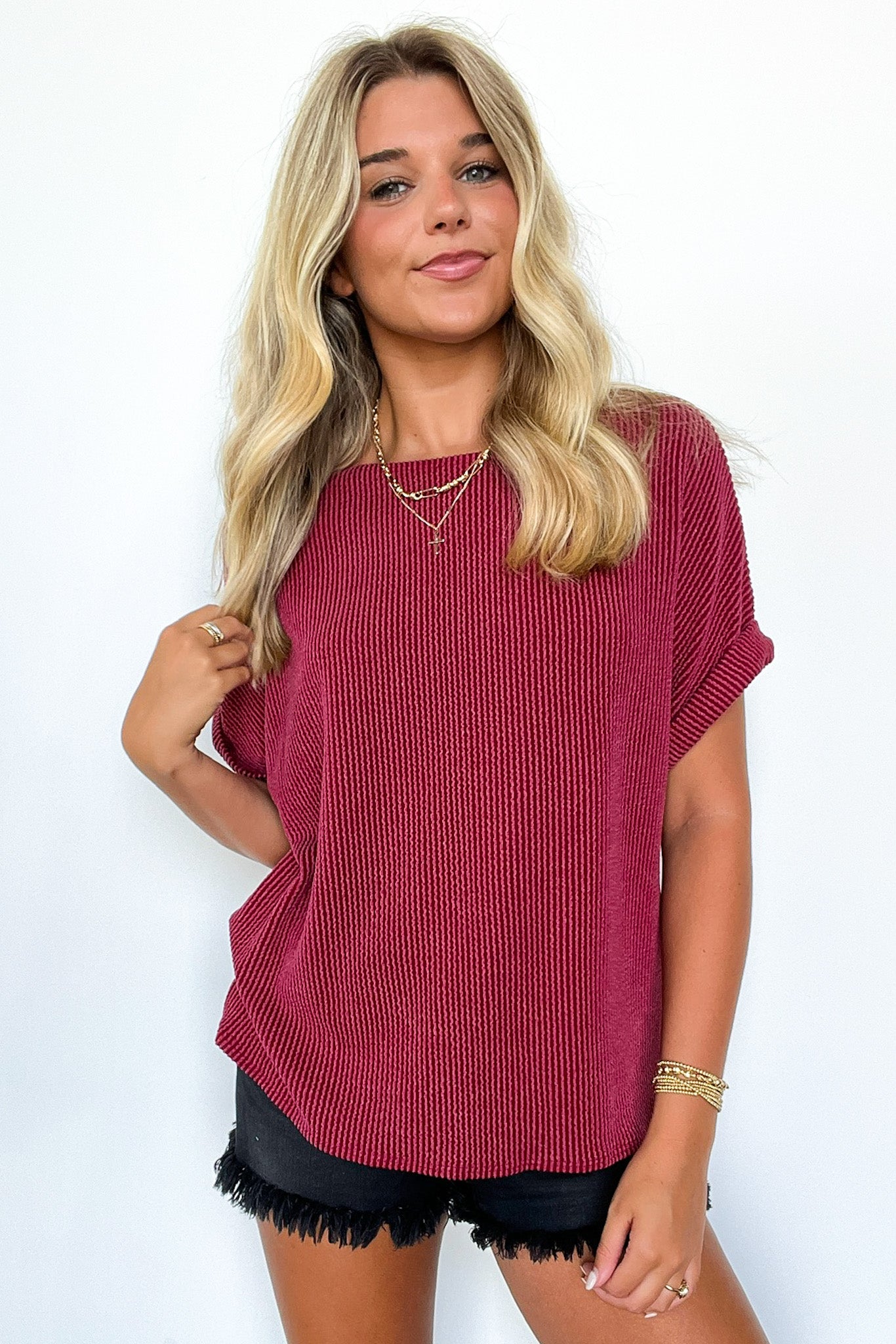 Chasing Sunsets Rib Knit Rolled Sleeve Top - Shop Now!