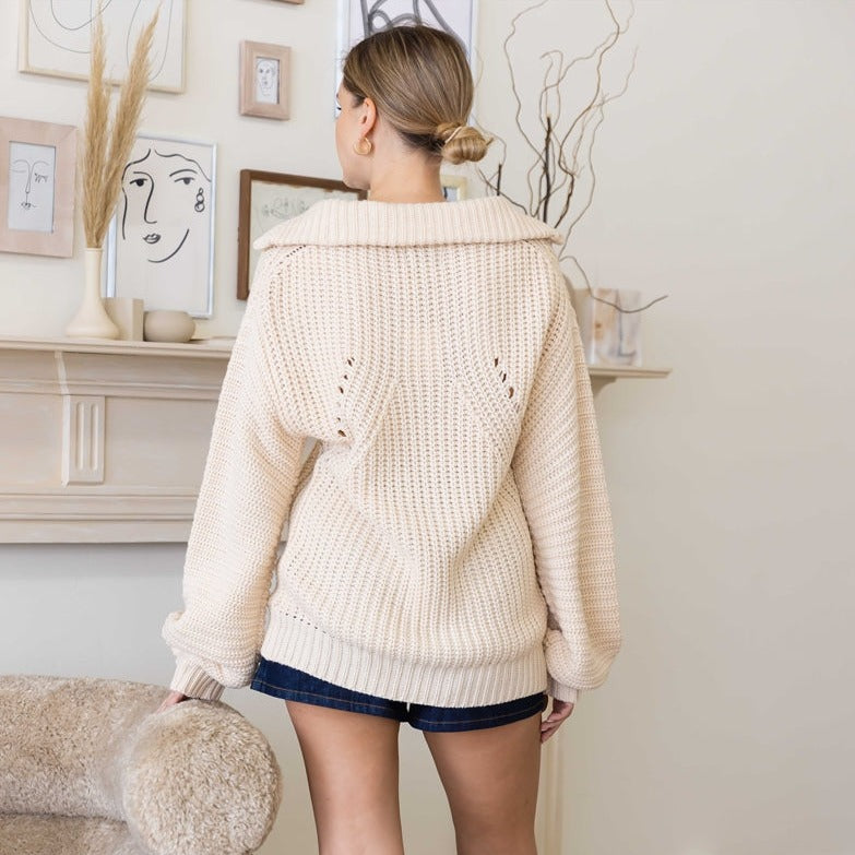 Creamy Knit V-Neck Sweater with Long Sleeves