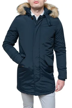 Dark blue slim fit winter parka jacket for men with casual down filling