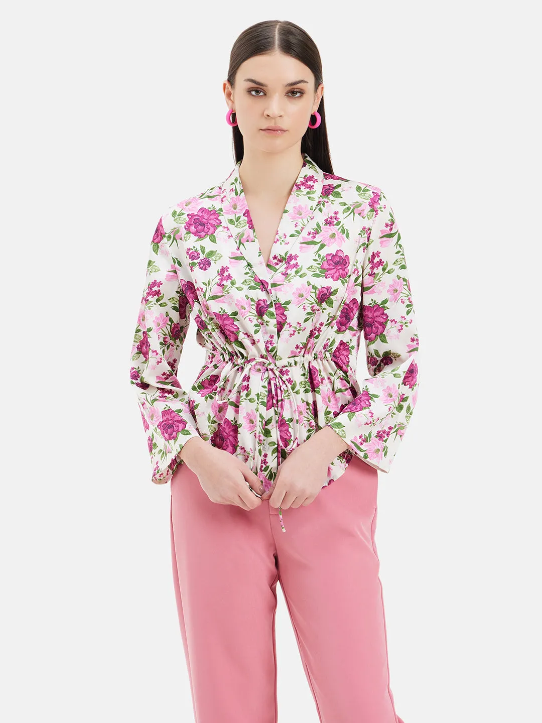 Drawstring Printed Notch Collar Shirt