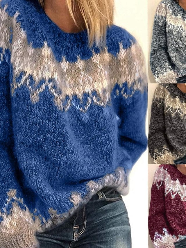 Fair Isle Sweater Women Crew Neck Winter