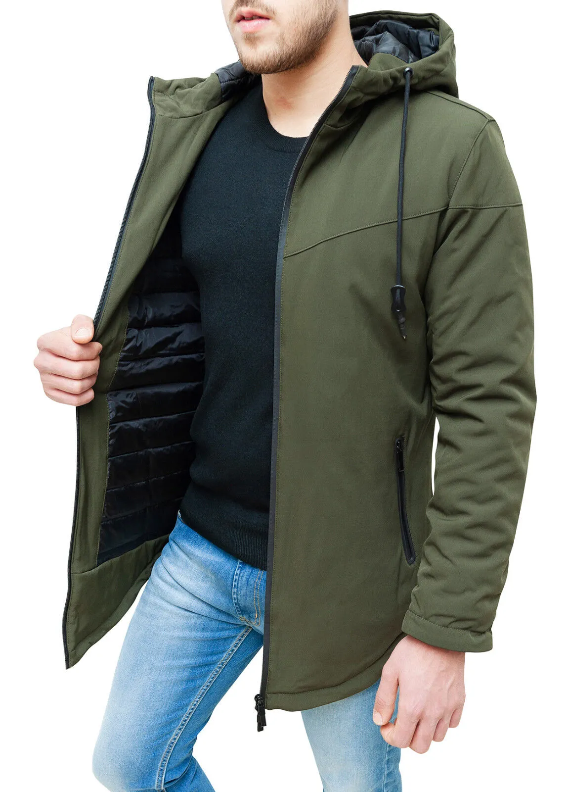 Green winter down jacket for men, casual and sporty parka with hood.