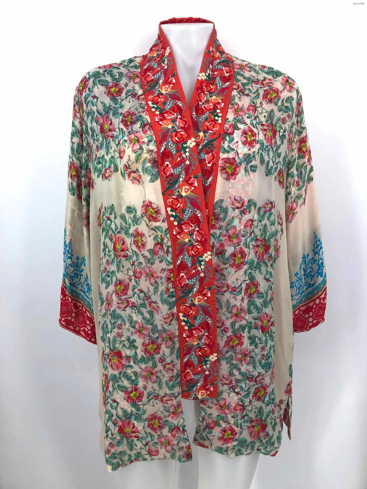 Johnny Was Embroidered Wrap Jacket Cream Red Multi Silk Blend