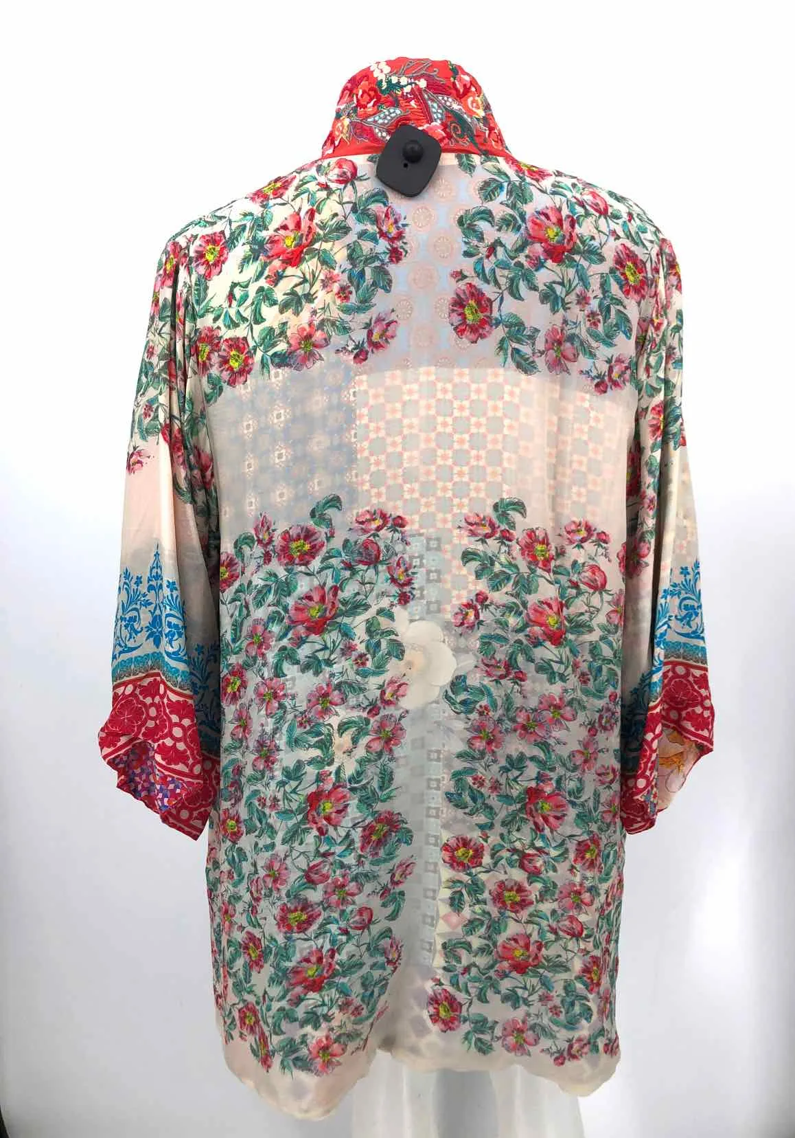 Johnny Was Embroidered Wrap Jacket Cream Red Multi Silk Blend