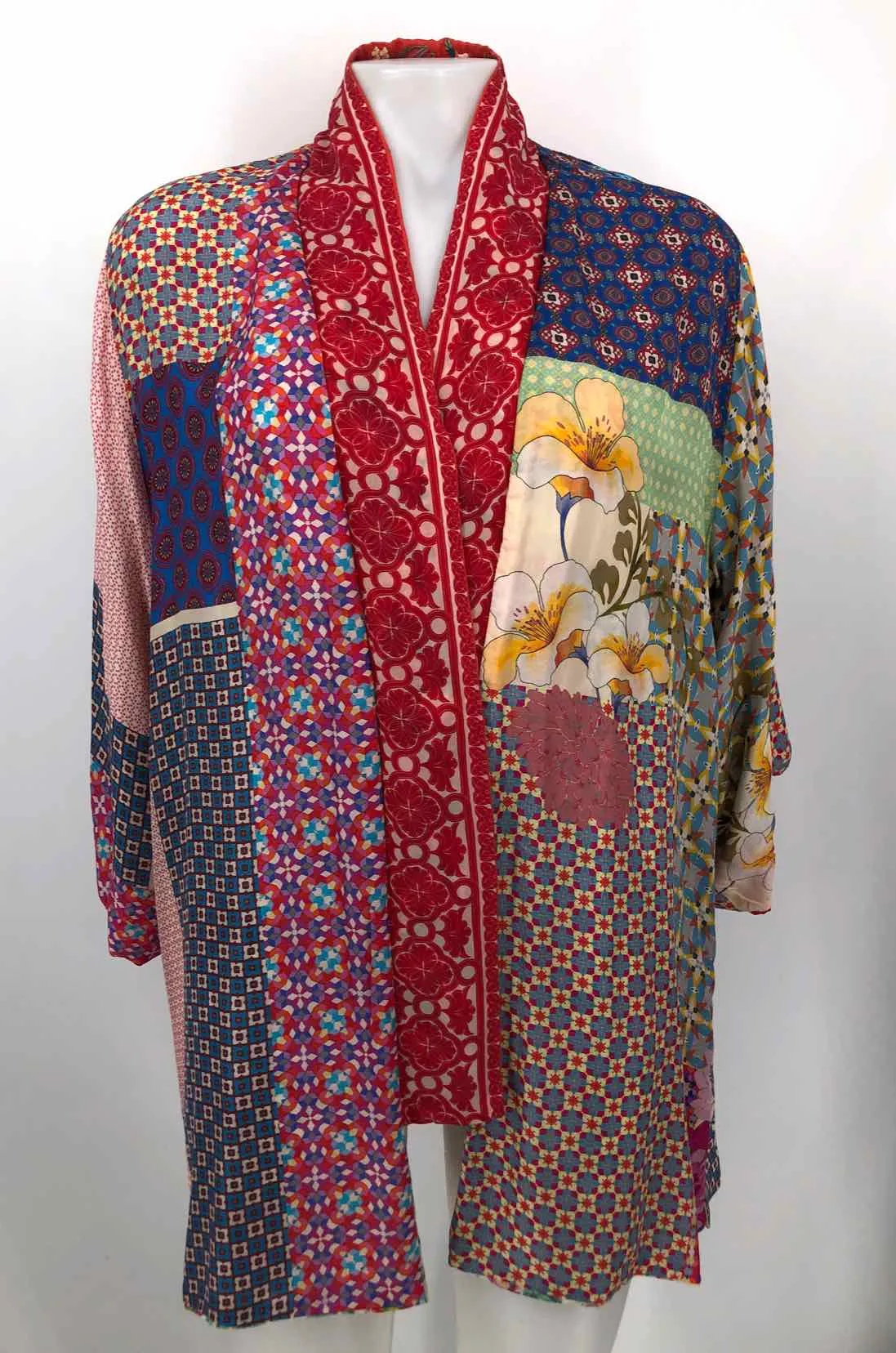 Johnny Was Embroidered Wrap Jacket Cream Red Multi Silk Blend