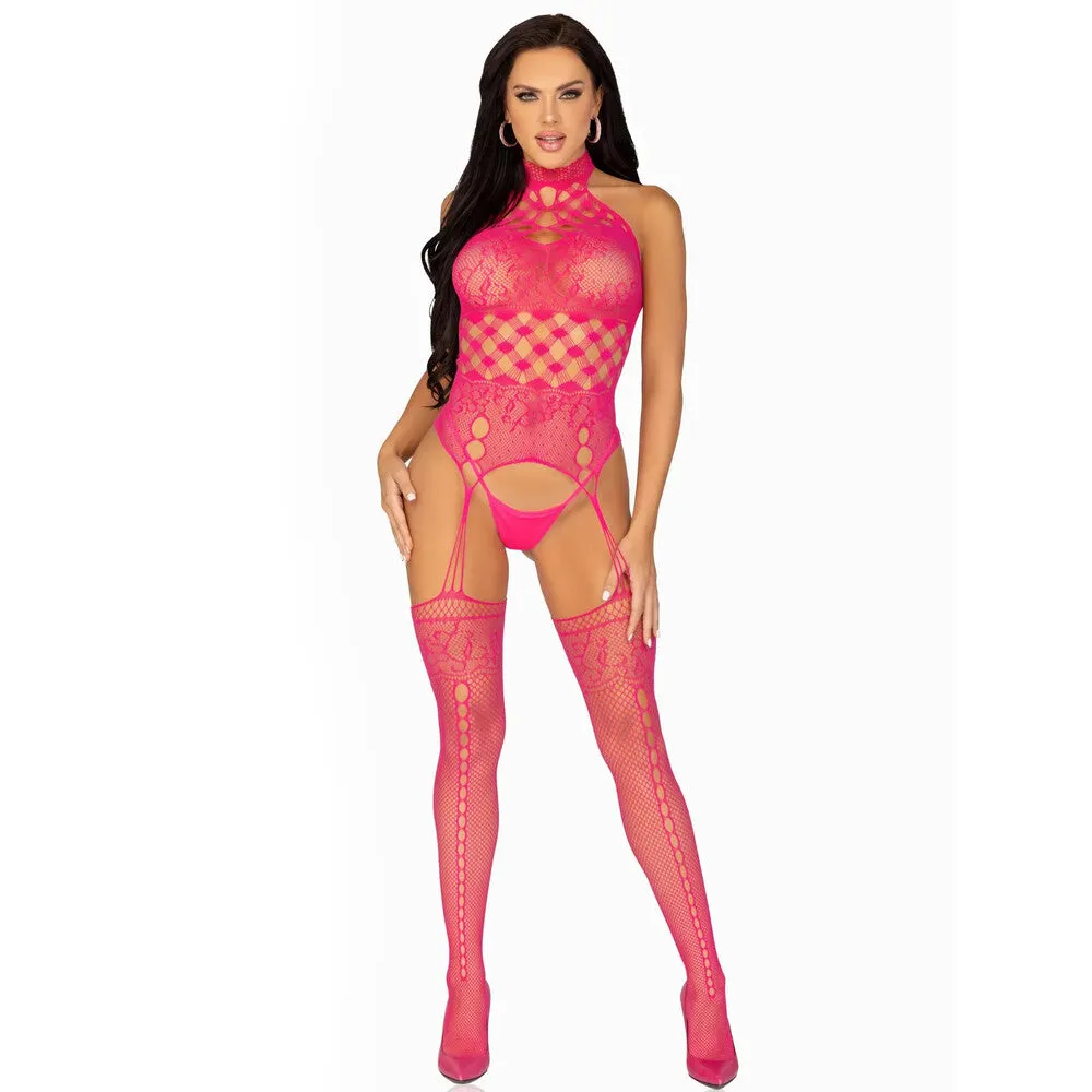 Leg Avenue High Neck Halter Net And Lace Suspender - Sizes UK 6 to 12