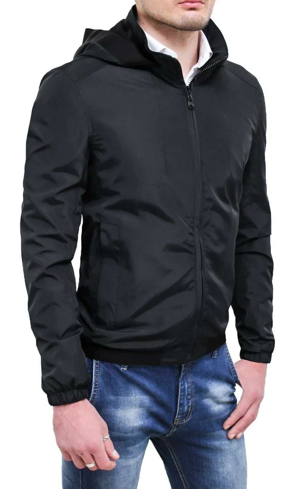 Mens Black Casual Diamond Jacket with Hood, Motorcycle Parka