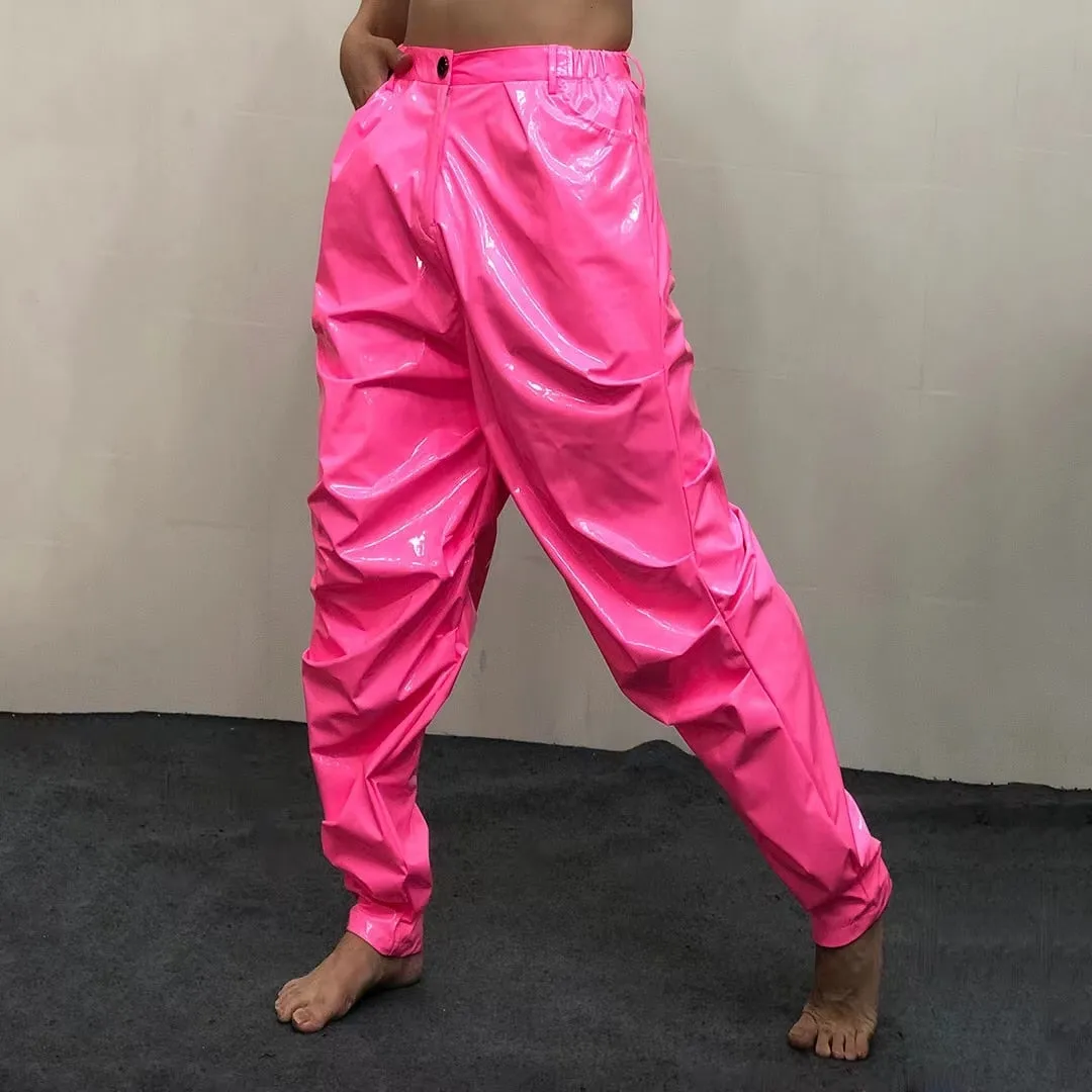 Men's Pink Loose Pleated Shiny Elastic Waist Casual Pants