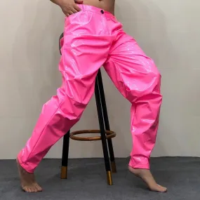 Men's Pink Loose Pleated Shiny Elastic Waist Casual Pants