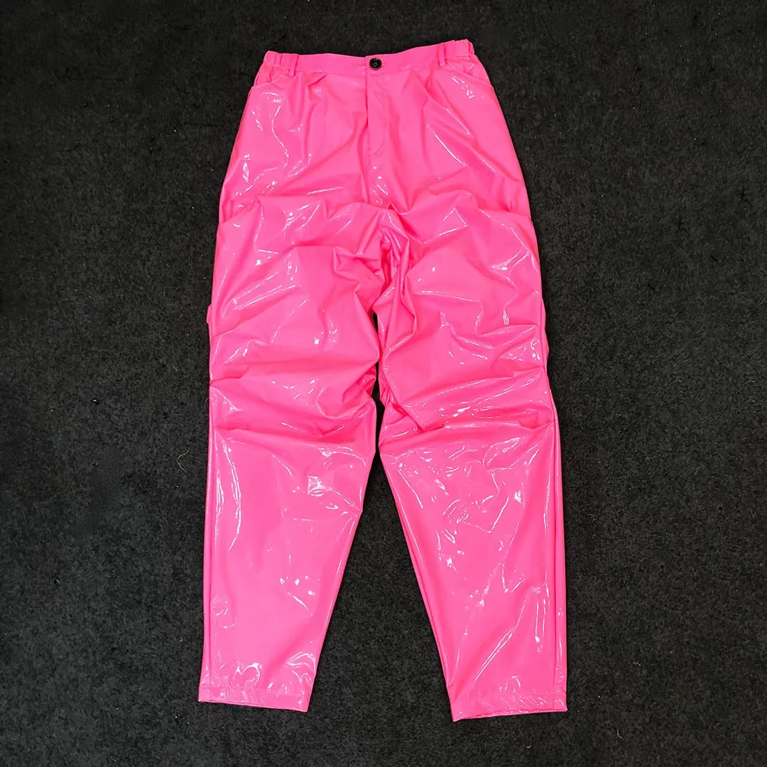 Men's Pink Loose Pleated Shiny Elastic Waist Casual Pants