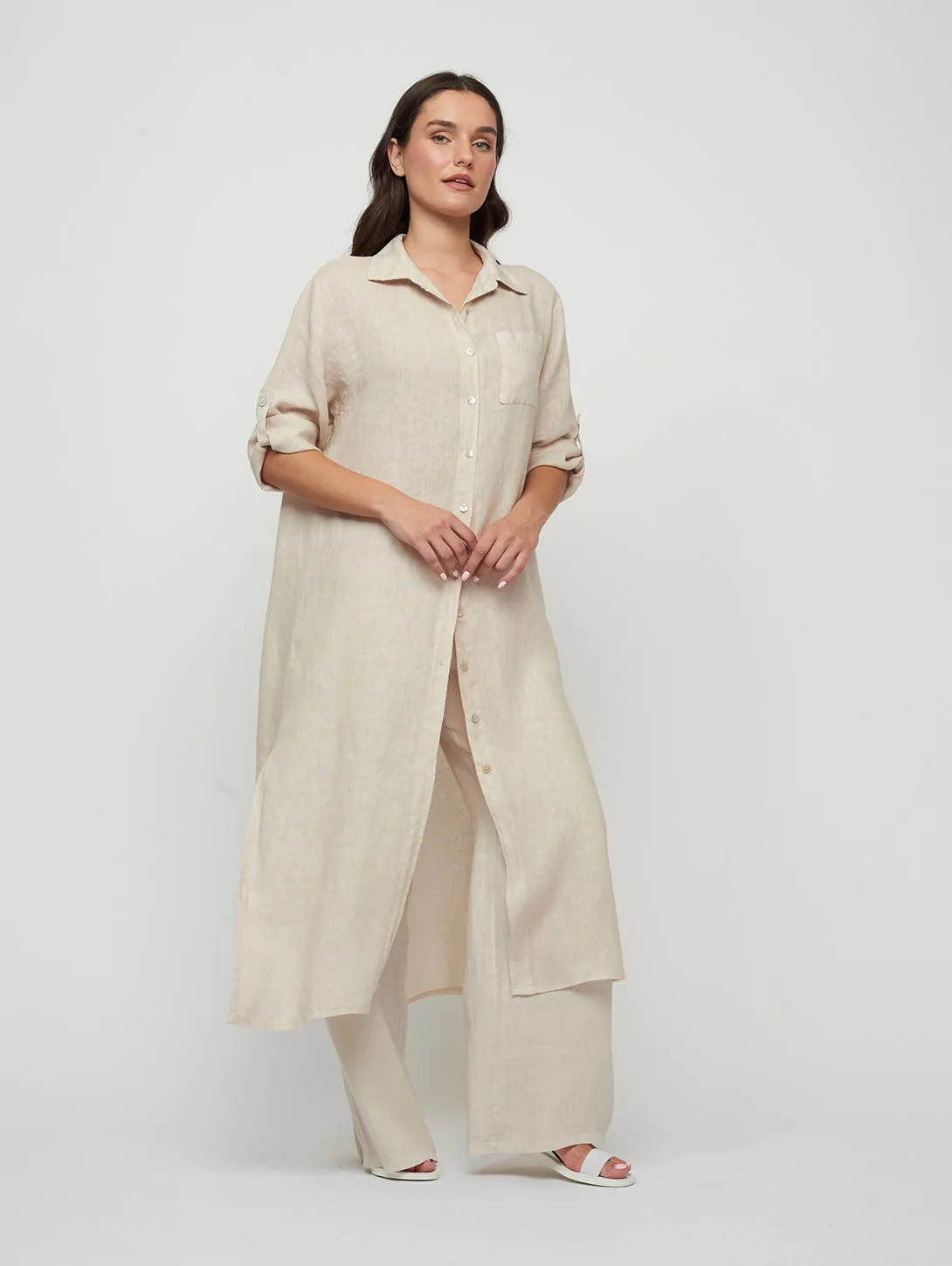 Nude Linen Shirt Dress