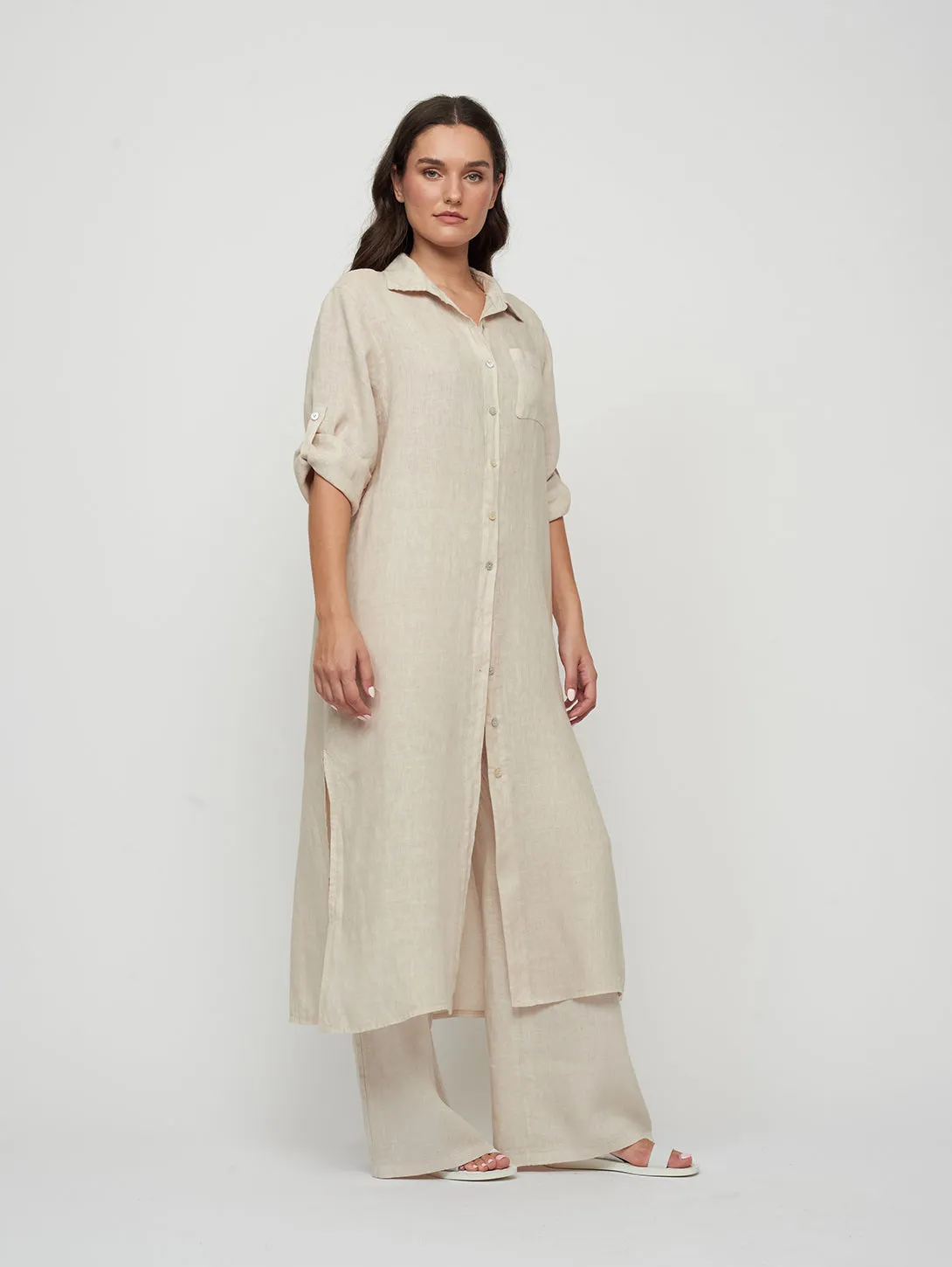 Nude Linen Shirt Dress