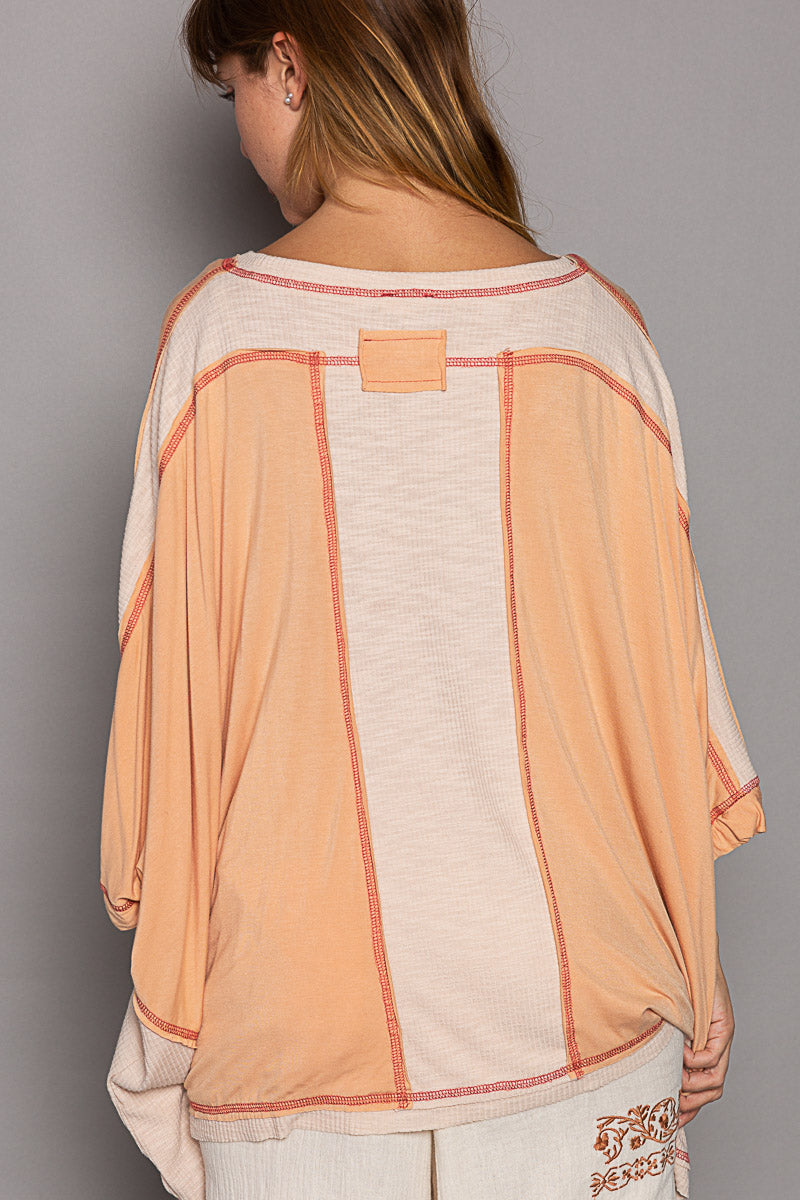 Oversized Knit Top with Contrast Stitching - Round Neckline