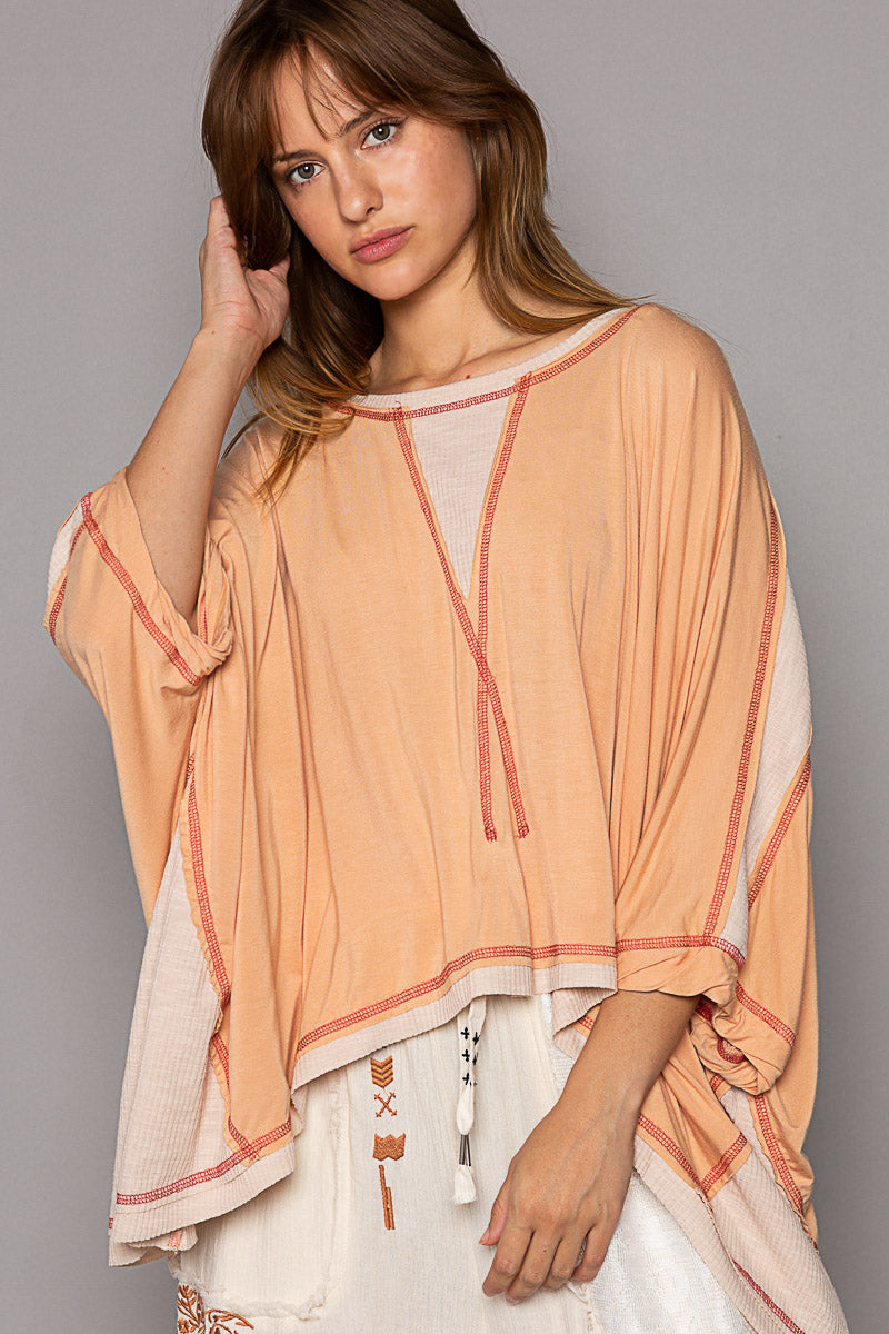 Oversized Knit Top with Contrast Stitching - Round Neckline