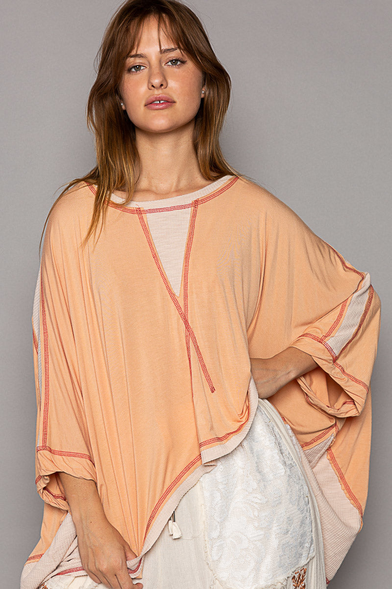 Oversized Knit Top with Contrast Stitching - Round Neckline