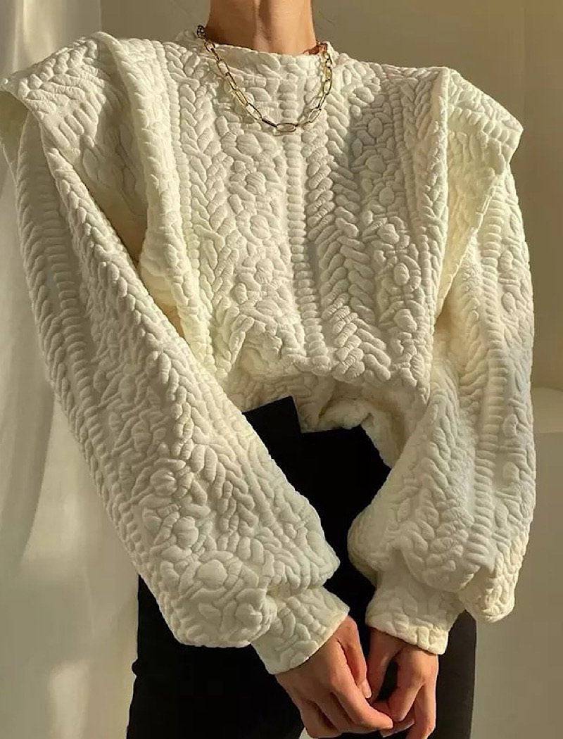 Patterned scoop neck sweater with exaggerated shoulder