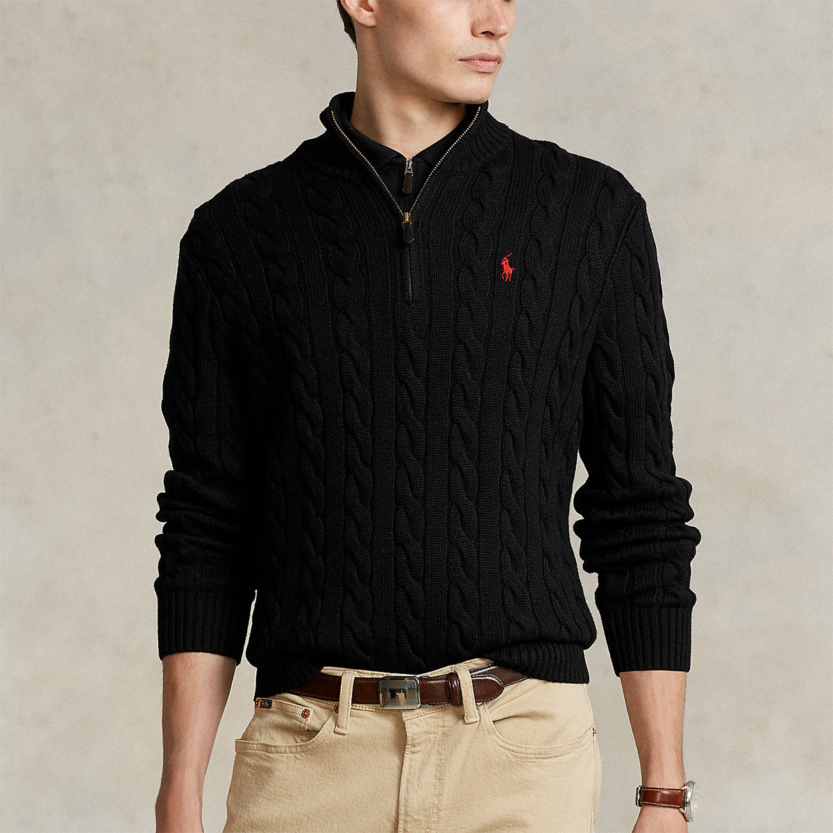 Polo Ralph Lauren Black Cable Knit Zip Neck Jumper