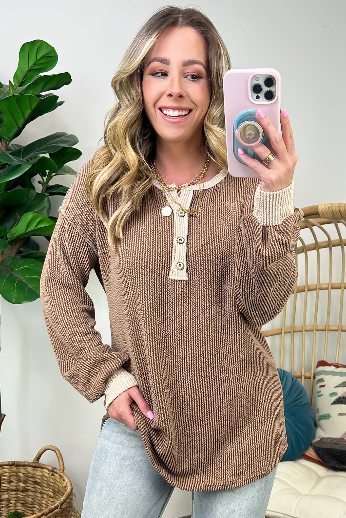 Preslie Rib Knit Button Henley Top on Sale.