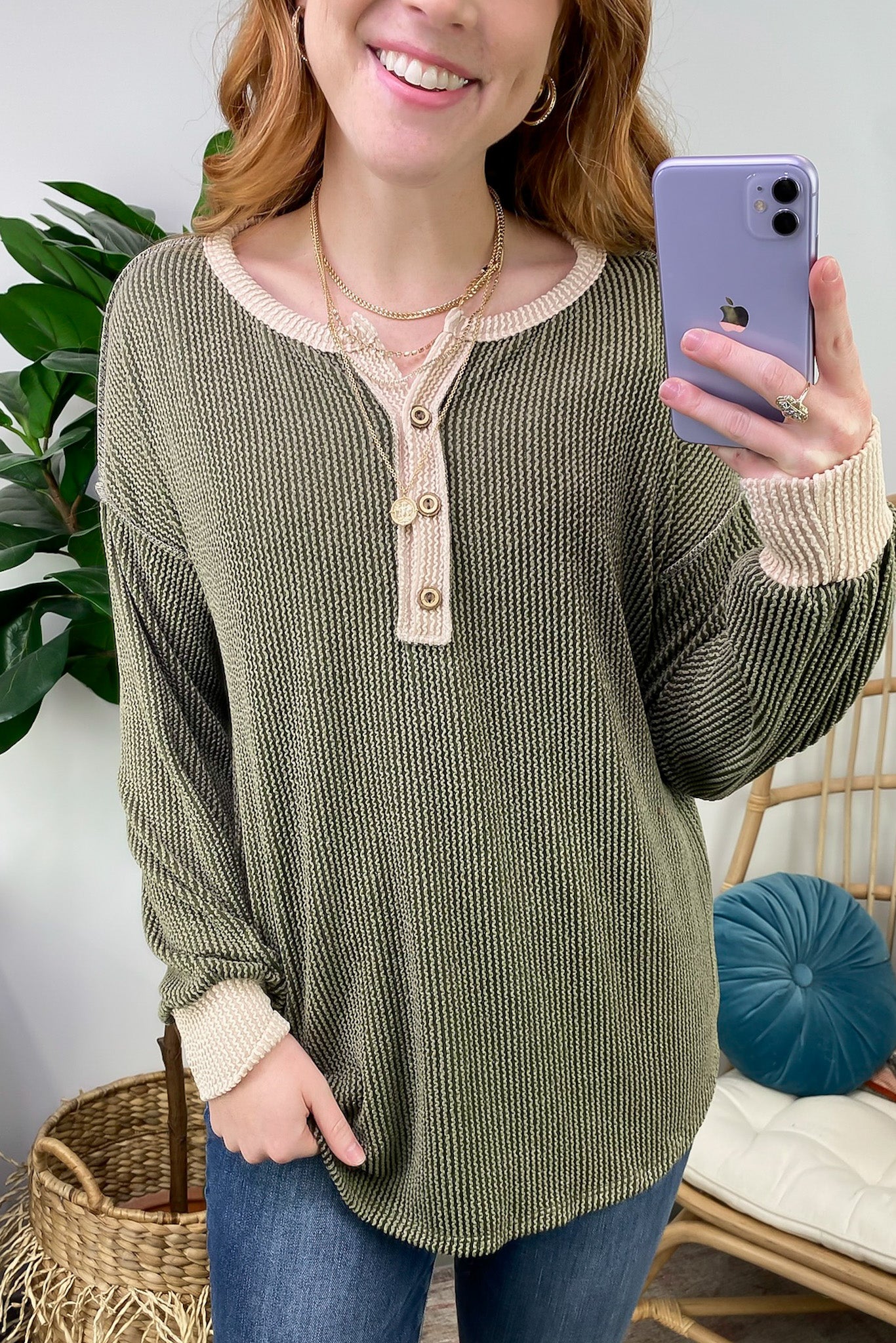 Preslie Rib Knit Button Henley Top on Sale.