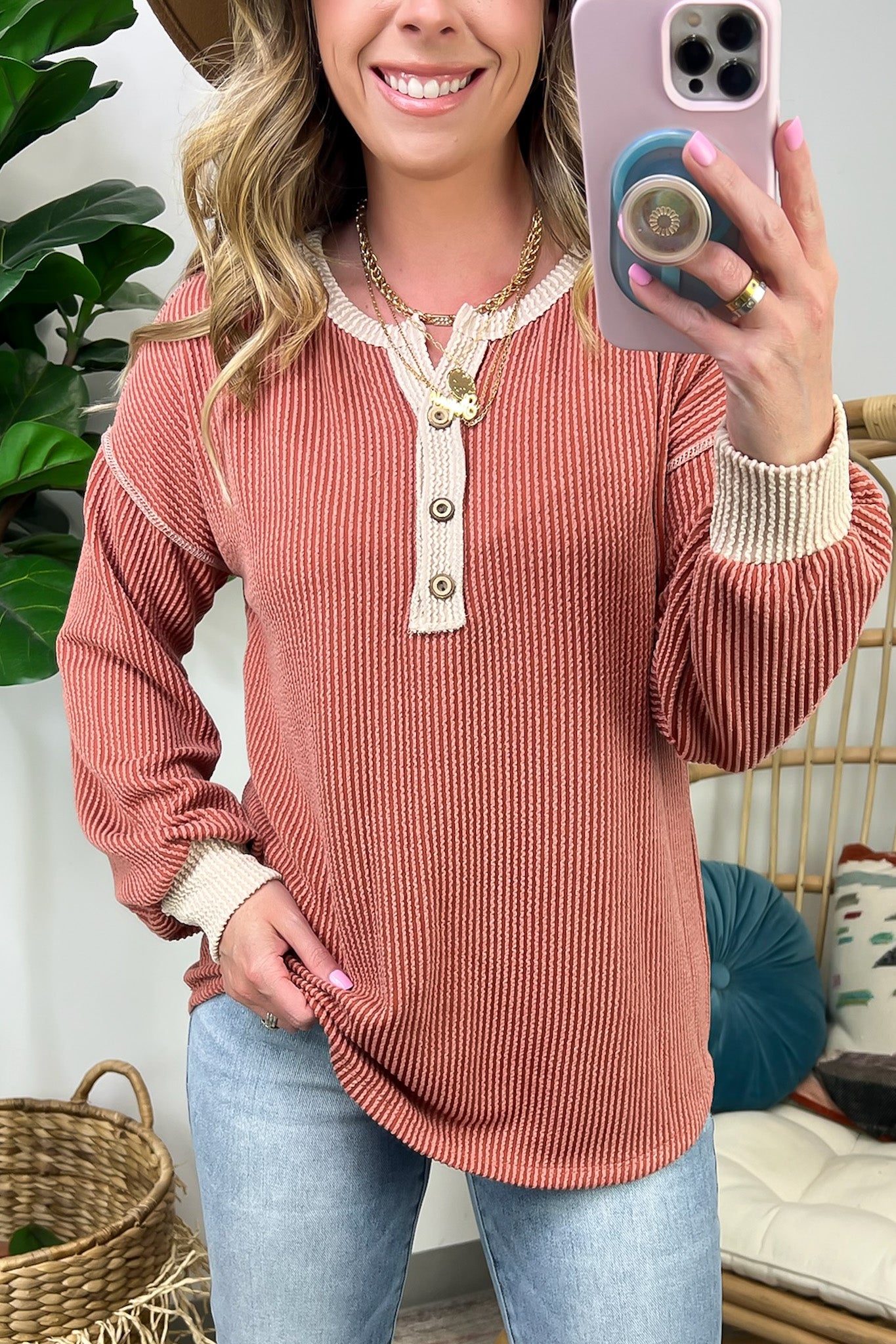 Preslie Rib Knit Button Henley Top on Sale.