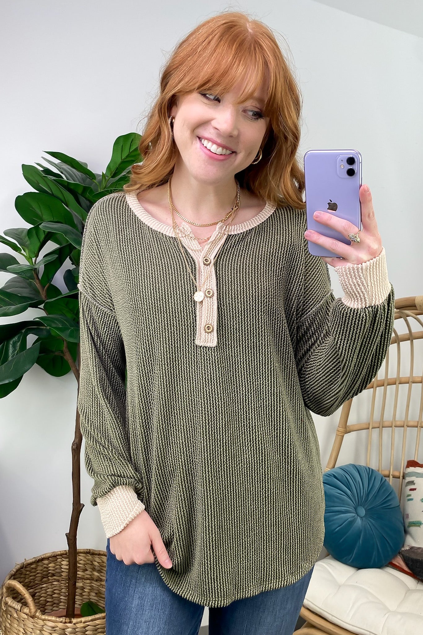 Preslie Rib Knit Button Henley Top on Sale.